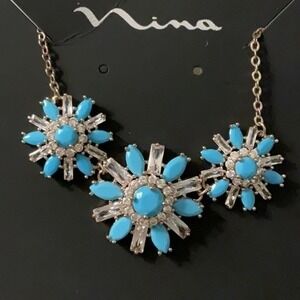 Nina Geo Necklace Floral CZ Faux Turquoise Blue Silver Tone